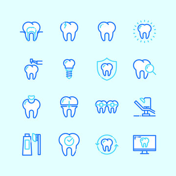 Dental line blue color icons flat line style