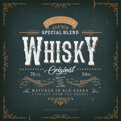 Vintage Whisky Label For Bottle/ Illustration of a vintage design elegant whisky label, with crafted letterring, specific product mentions, textures and celtic patterns, on blue and gold background - 277330350