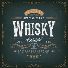 Fotobehang Vintage Whisky Label For Bottle/ Illustration of a vintage design elegant whisky label, with crafted letterring, specific product mentions, textures and celtic patterns, on blue and gold background © benchart