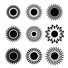 Suns graphic icons set. Suns pictograms isolated on white background. Symbols of summer. Vector illustration