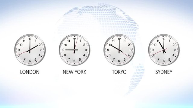 4K Globe time zone. Business clock counting down 12 hours over 30 seconds. Stock exchange