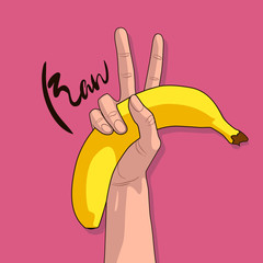 Victory hand with banana and the word "raw" on a pink background.
