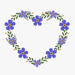 Floral greeting card and invitation template for wedding or birthday anniversary, Vector heart shape of text box label and frame, Purple flowers wreath ivy style with branch and leaves.