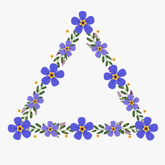 Floral greeting card and invitation template for wedding or birthday anniversary, Vector triangle shape of text box label and frame, Purple flowers wreath ivy style with branch and leaves.