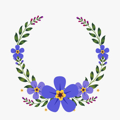 Floral greeting card and invitation template for wedding or birthday anniversary, Vector circle shape of text box label and frame, Purple flowers wreath ivy style with branch and leaves.