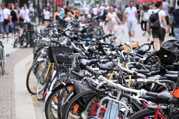 Bicycle parking in Europe with a blurred background