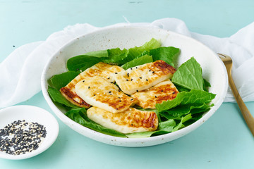 keto ketogenic diet haloumi with lettuce on pastel background closeup, healthy food