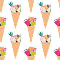 Seamless pattern of colorful fruit cones with sliced fruit.