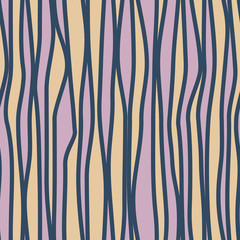 Abstract seamless pattern with vertical curved lines. Background with uneven parallel stripes. Ornament in violet and beige colors.