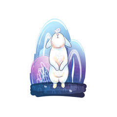 Vector starry sky and a magical white rabbit with a butterfly on the nose. Fairy forest, textural fills and flying butterflies.