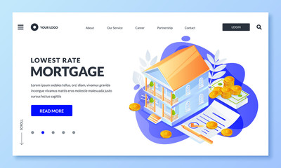 House mortgage, real estate loan concept. Vector 3d isometric illustration for landing page, banner, poster design.