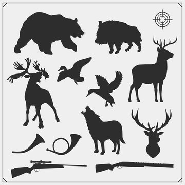 Vector set of Forest animals silhouette. Hunting club design.