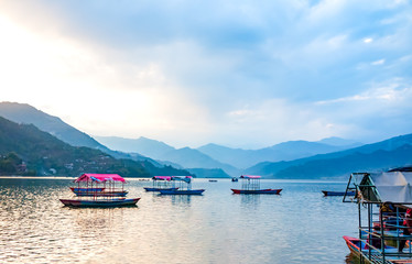 Nature background with lake Phewa, Nepal