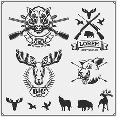 Set of hunting emblems, labels and design elements. Duck, moose, wild boar, wolf and deer.