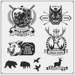 Set of hunting club emblems and design elements.  Bobcat, bear, wild boar, ducks and deer.