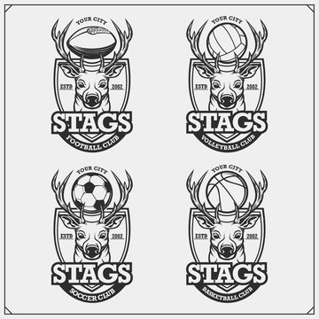 Volleyball, basketball, soccer and football logos and labels. Sport club emblems with deer or stag. Print design for t-shirt.
