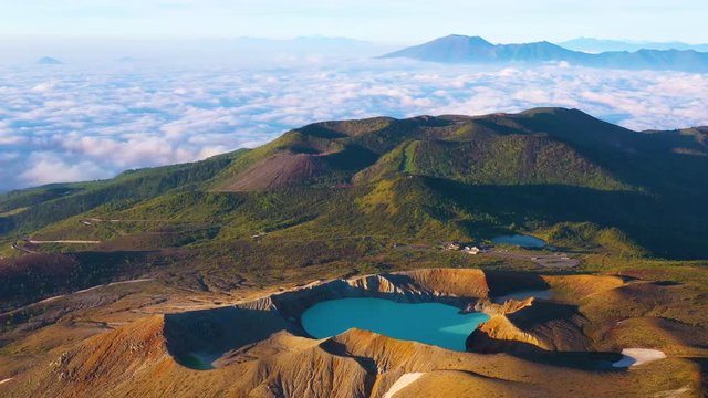 Aerial view of Mount Shirane is 2,160meter active stratovolcano in Kusatsu, Gunma, Japan