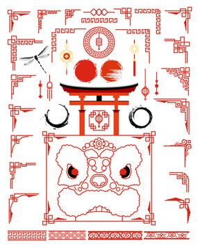 Big set with traditional asian frame for cards and picture frame. Grunge ink circle set in Japanese style and design elements. Chinese lion and japanese Torii gate.