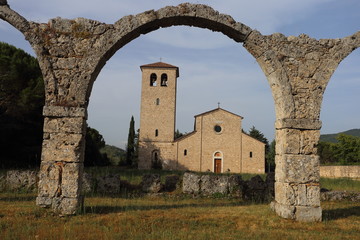 Castel San Vincenzo, Italy - 8 luglio 2019: the Benedictine Abbey of San Vincenzo in Molise in the upper valley of the Volturno