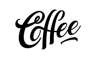 Coffee vector logo, typography, sign in black and white. Advertising poster or template design. Modern lettering logotype, coffee signboard. Design elements. Vector illustration.
