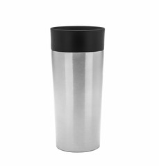 Kitchen utensils isolated on white background. Steel thermomug with black cover