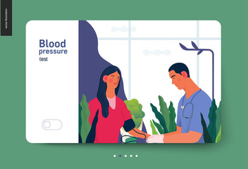 Naklejka na ściany i meble Medical tests template - blood pressure test - modern flat vector concept digital illustration of blood pressure measurement procedure - a patient and doctor with a meter, medical office or laboratory