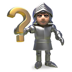 Noble medieval knight in armour holding a gold question mark symbol, 3d illustration