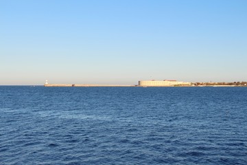 Fototapeta premium View of Cape Konstantinovskiy with Konstantinovskaya batareya (fort) wich was built in 1840. Architecture, history, travel and tourism concept.