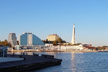 View on Cape Khrustalniy with house Sail and Monument Bayonet and Sail. Architecture, travel and tourism concept.