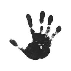 Hand print isolated on white background. Black paint human hands. Silhouette of child, kid, young people handprint. Stamp fingers and palm shape. Abstract design. Grunge texture. Vector illustration