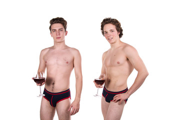 Two young sexy guys and a holiday. Red wine.
