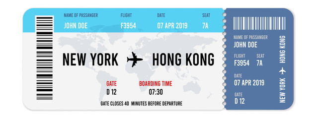 Realistic airline ticket design with passenger name. Vector illustration
