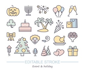 Holidays and events icon set. Collection of vector icons with editable stroke