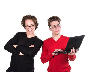 Two fun attractive students. White background. Study.