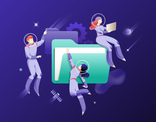 Obraz premium People in Spacesuits With Big Folder