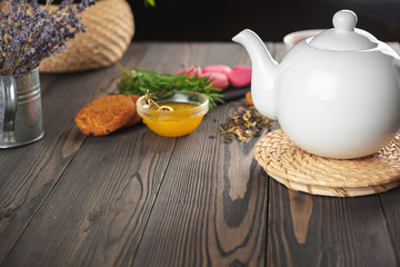 Tea composition on wooden table