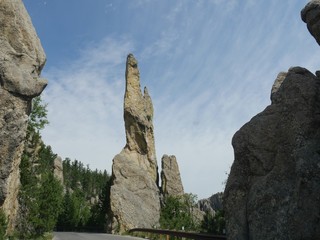 Stunning rock formations and granite rock towering above Needles Highway in South Dakota.
