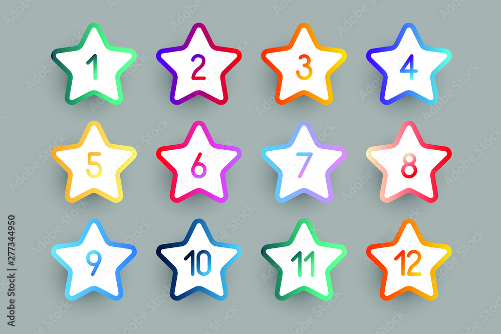 Poster 3d star bullet points set 1 to 12. flat color gradient web icons template.