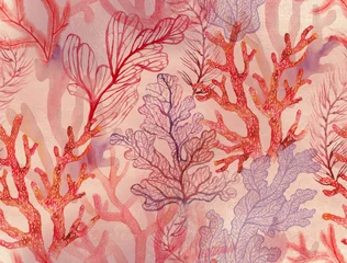 Papier peint  Animaux marins Coraux aquarelles. Modèle sans couture avec le monde sous-marin