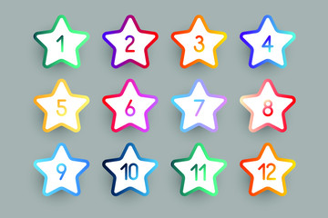 3d star bullet points set 1 to 12. Flat color gradient web icons template.