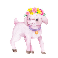 Cute farm goat with flowers, watercolor hand draw baby illustration isolated on white background