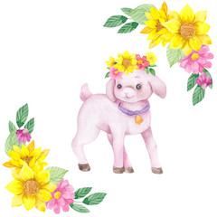 Cute farm goat with flowers, watercolor hand draw baby illustration isolated on white background