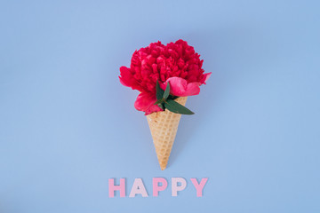 Ice Cream Cone with pink peony on blue background, flat lay. Happy text