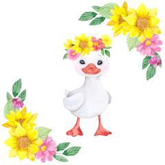 Cute farm goose with flowers, watercolor hand draw baby illustration isolated on white background
