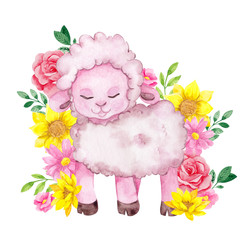 Cute farm lamb with flowers, watercolor hand draw baby illustration isolated on white background © марина васильева