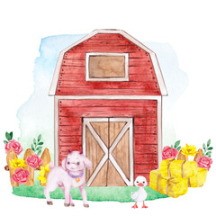 Watercolor illustration with cute farm animals, hangar and pretty flowers, isolated on white background
