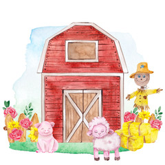Watercolor illustration with cute farm animals, hangar and pretty flowers, isolated on white background
