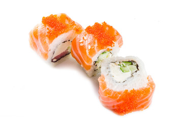 Seamless pattern with sushi. Food abstract background. Flying sushi, sashimi and rolls isolated on...