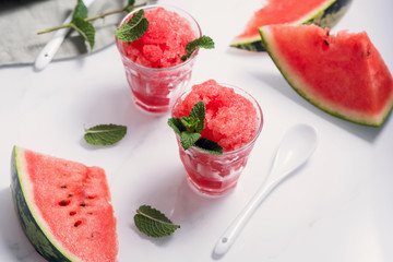 Watermelon sorbet or granita, refreshing summer dessert