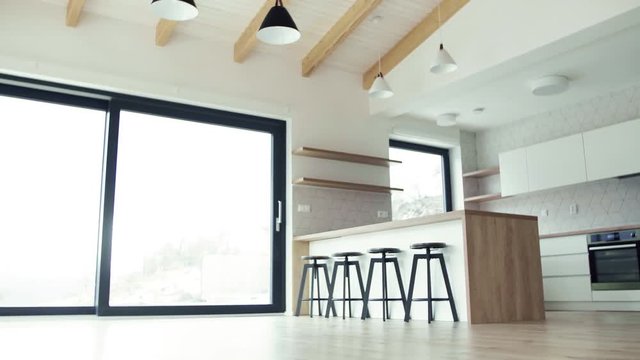 A modern interior of open space kitchen in house or flat in new home.